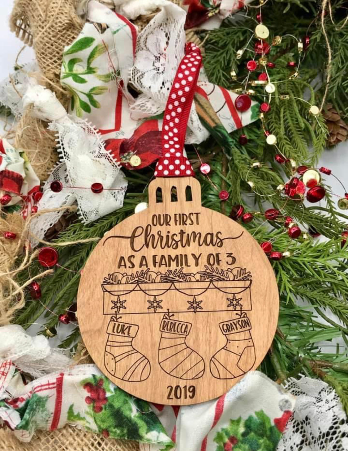 Our First Christmas as a Family of 3 Wood Ornament