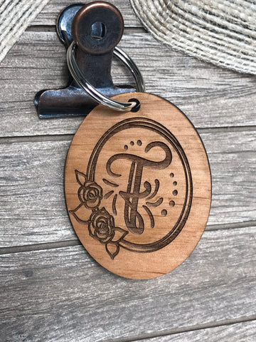 Initial Key Chain with Rose Design