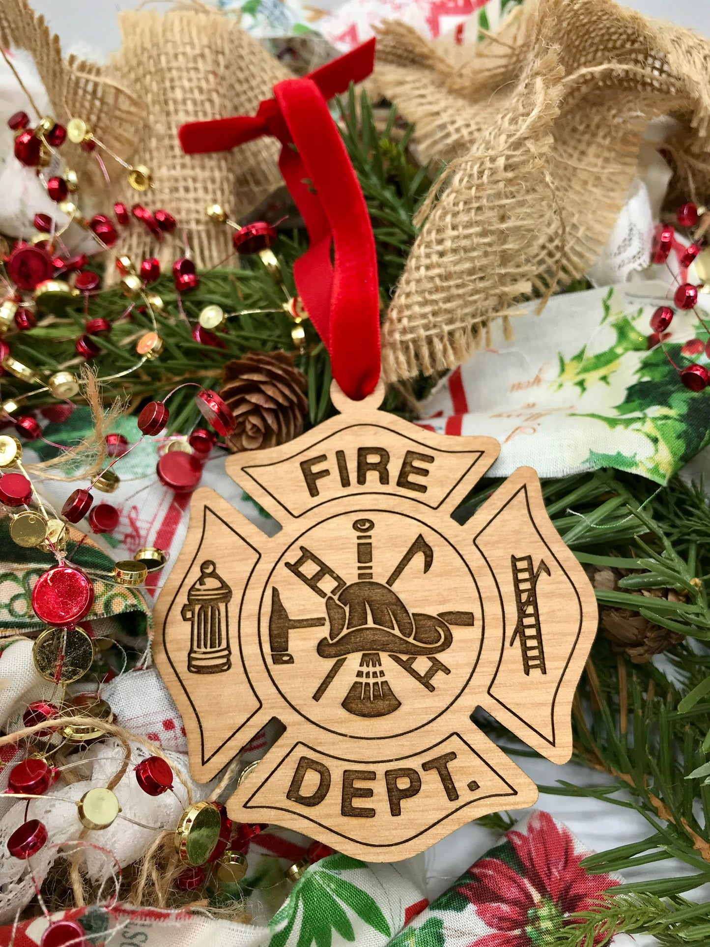 Maltese Cross Fire Department Wood Ornament