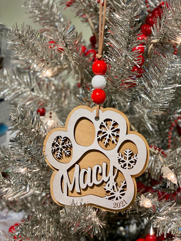Layered Paw Print Shaped Ornament with Snowflakes Personalized