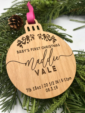 Baby's First Christmas with Birth Stats Wood Ornament
