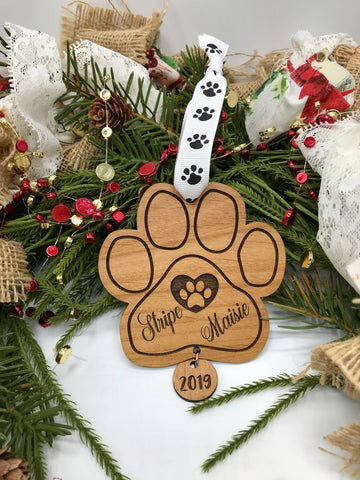 Paw Print Shaped Wood Ornament with Pet Names