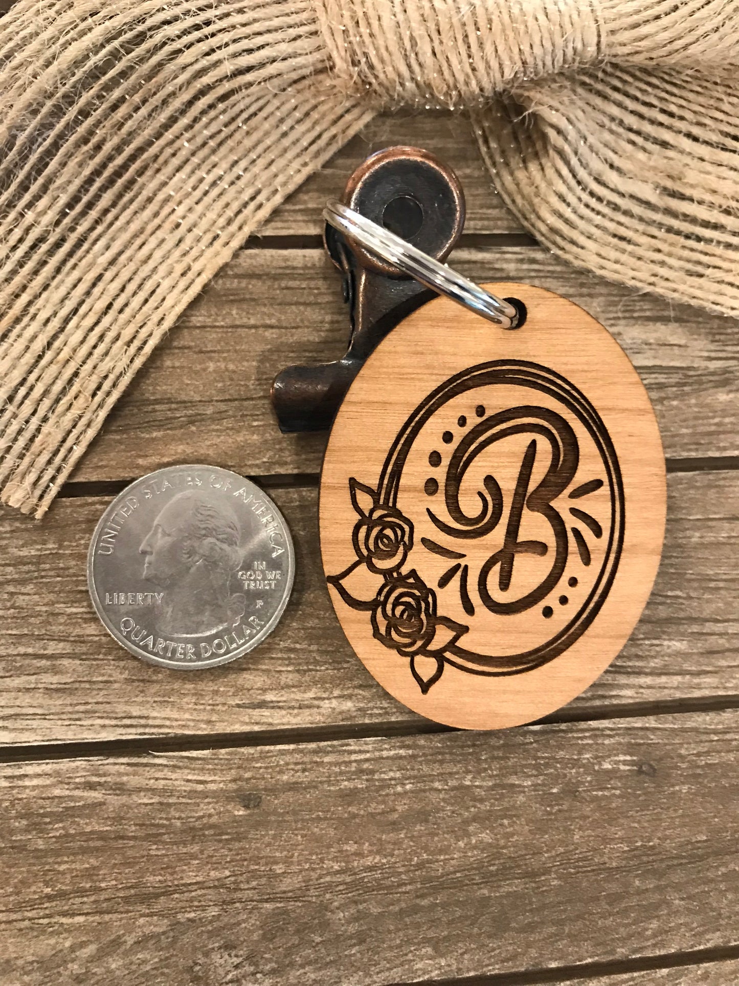 Initial Key Chain with Rose Design