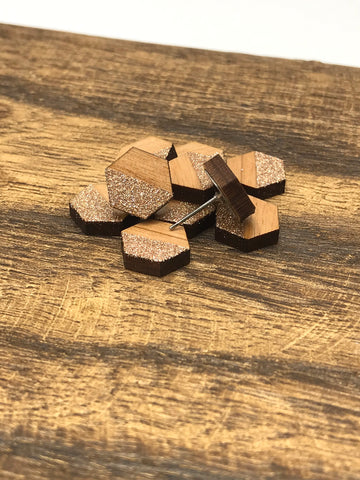 Hexagon Rose Gold Glittery Wood Studs