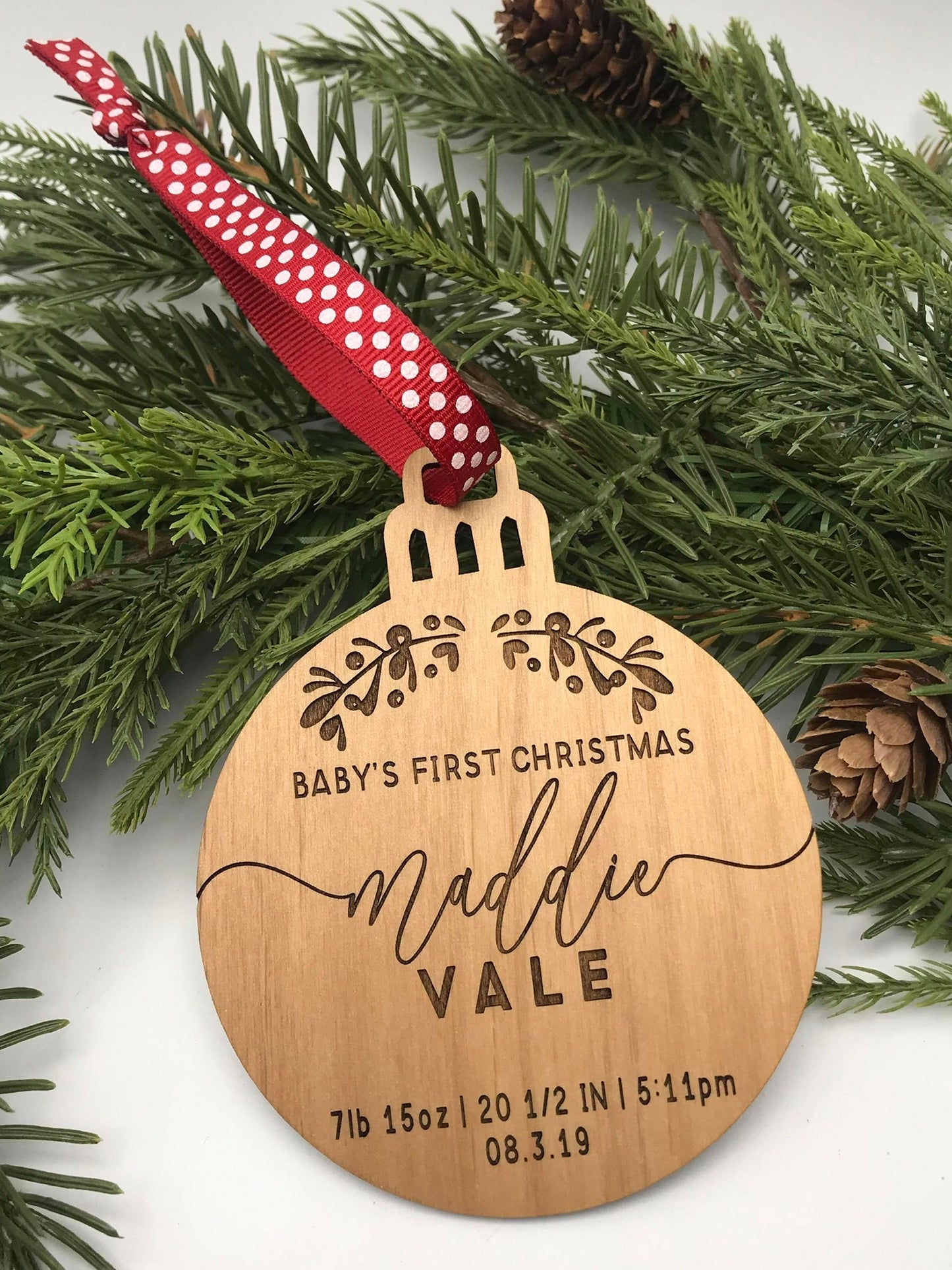 Baby's First Christmas with Birth Stats Wood Ornament