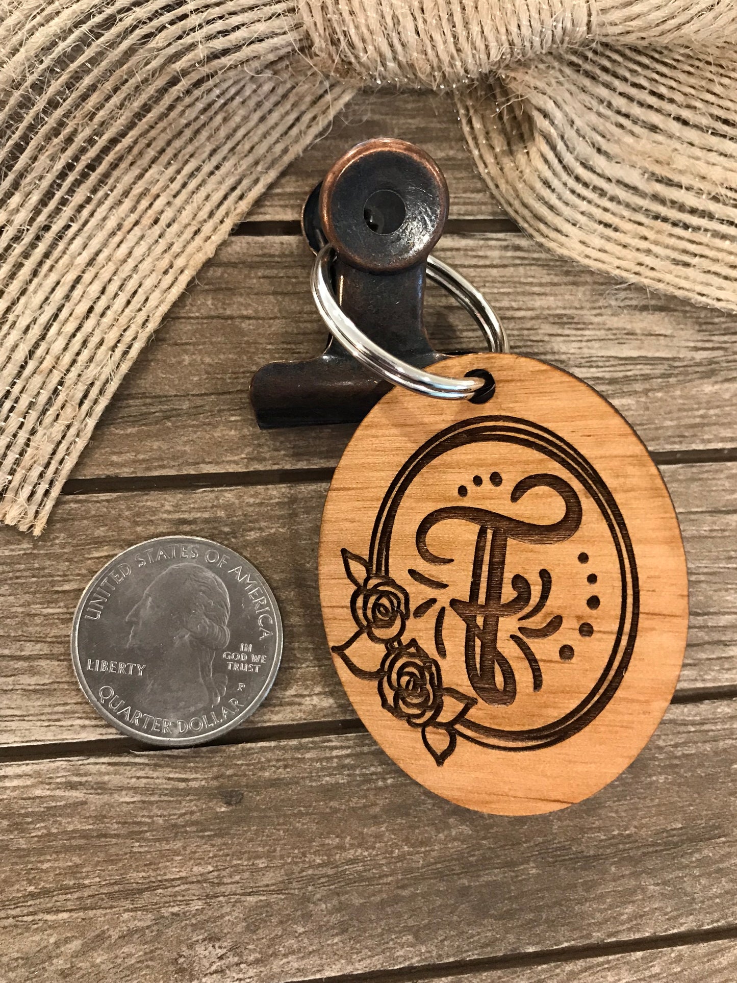 Initial Key Chain with Rose Design