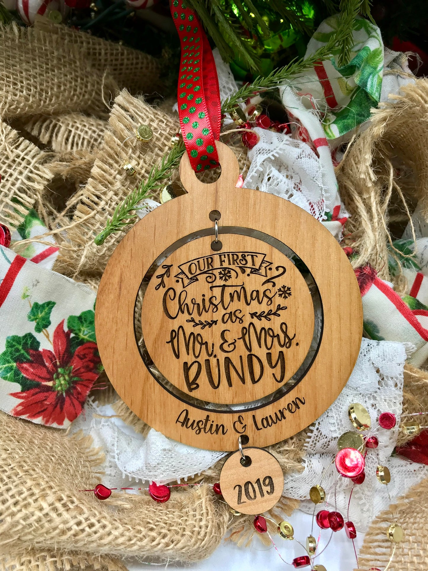Our First Christmas as Mr. & Mrs. (Lastname) Wood Ornament