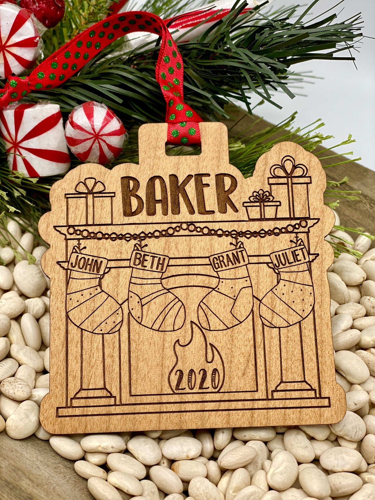 The Stockings Were Hung, Family of 4, Wood Ornament